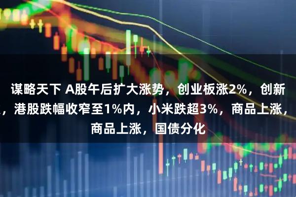 谋略天下 A股午后扩大涨势，创业板涨2%，创新药大爆发，港股跌幅收窄至1%内，小米跌超3%，商品上涨，国债分化